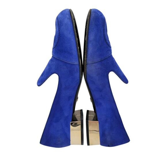 Gucci GG Logo Blue Suede Loafer Size 37 US 7 Chrome Block Heel Slip On Flat - Picture 4 of 10